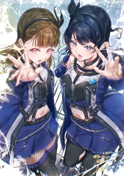 Rule 34 | 2girls, ampere (love live!), bare shoulders, black pantyhose, black shirt, blue coat, blue eyes, blue hair, blue nails, braid, breasts, brown hair, center-flap bangs, coat, commentary, english commentary, fishnet pantyhose, fishnets, highres, kachimachi kosuzu, kuzia (atarayo), link! like! love live!, long sleeves, looking at viewer, love live!, lower teeth only, midriff, multiple girls, murano sayaka, navel, off-shoulder coat, off shoulder, official alternate costume, open mouth, pantyhose, shirt, side braids, sleeveless, sleeveless shirt, small breasts, teeth, torn clothes, torn pantyhose, virtual youtuber, yellow nails