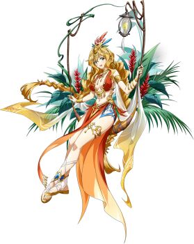 Rule 34 | 1girl, :d, alia (langrisser), armlet, bare shoulders, blonde hair, blue feathers, bracelet, braid, braided ponytail, breast curtains, breasts, cleavage, clothes lift, crossed legs, feather hair ornament, feathers, floating clothes, floating hair, full body, game cg, gem, gladiator sandals, gold bracelet, gold headdress, gold thighlet, gold trim, green eyes, green feathers, hair between eyes, hair ornament, harem outfit, headdress, highres, jewelry, langrisser, langrisser millenium ws, langrisser mobile, leaf, legs, loincloth, long hair, long sidelocks, looking at viewer, low-tied long hair, medium breasts, multicolored shawl, navel, neck ring, official alternate costume, official art, on swing, open mouth, palm leaf, pelvic curtain, pelvic curtain lift, plant, red feathers, red gemstone, red ginger (flower), red loincloth, red shirt, revealing clothes, sandals, second-party source, see-through clothes, see-through shawl, shawl, shirt, side slit, sideboob, sidelocks, simple background, sitting, smile, solo, stomach, swing, swinging on swing, tachi-e, tassel, tassel hair ornament, thighlet, toeless legwear, toes, transparent background, tree, tropical, twin braids, twintails, very long hair, white shawl