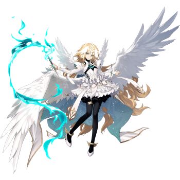 Rule 34 | angel wings, black pantyhose, blonde hair, bracelet, breasts, bridal gauntlets, dress, fate/grand order, fate (series), feathered wings, frills, full body, game cg, headpiece, highres, holding, jeanne d'arc (fate), jewelry, juliet sleeves, konoe ototsugu, long hair, long sleeves, looking at viewer, metatron jeanne (fate), metatron jeanne (third ascension) (fate), multiple wings, official art, pantyhose, puffy sleeves, ribbon, shoes, small breasts, standing, standing on one leg, tachi-e, third-party source, transparent background, very long hair, white dress, white shoes, white wings, winged shoes, wings, yellow eyes