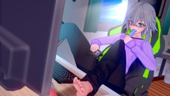 1girl 3d absurdres bedroom blue_hair computer date_a_live dr.xidan17 feet food glasses highres honjou_nia ice_cream pants short_hair sitting solo white_hair