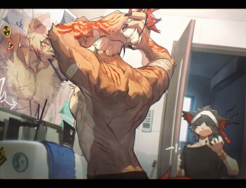 2boys aak_(arknights) abs absurdres animal_ears arknights bandaged_arm bandages bandaid bandaid_on_arm bandaid_on_face bara bathroom braid colored_sclera fang furry furry_male hair_tie headband highres holding holding_hair_tie horns hung_(arknights) looking_at_another looking_at_self male_focus multicolored_hair multiple_boys multiple_scars mythological_creature one_eye_closed open_mouth pectorals red_shirt scar shirt single_horn sink sticker streaked_hair tail toothbrush toothbrush_in_mouth topless_male tying_hair white_headband xiao_(creation0528) yawning yellow_sclera