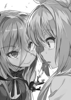 2girls bow bowtie breasts buta_koushaku charlotte_lily_hughjack closed_mouth constricted_pupils dress face-to-face greyscale hair_between_eyes hair_ribbon highres long_hair long_sleeves monochrome multiple_girls nanatrij_(buta_koushaku) nauribon nervous_sweating non-web_source novel_illustration official_art open_mouth ribbon scared school_uniform shirt sidelocks sleeveless sleeveless_dress small_breasts smile sweat sweatdrop teeth tsurime two_side_up upper_body very_long_hair wide-eyed