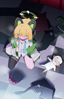 1boy 1girl animal_ear_headphones animal_ears black_shorts black_thighhighs blonde_hair blue_archive blue_necktie blush bow cat_ear_headphones cat_ears checkered_floor chromatic_aberration closed_mouth collarbone collared_shirt commentary_request controller doodle_sensei_(blue_archive) fake_animal_ears from_above game_controller green_bow green_eyes green_halo green_jacket h14_drawing hair_bow halo headphones highres holding_necktie hood hooded_jacket indoors jacket long_sleeves low-tied_sidelocks lying midori_(blue_archive) multicolored_jacket necktie no_pants nose_blush off_shoulder on_back open_clothes open_jacket screen_light sensei_(blue_archive) shirt shorts sidelocks single_thighhigh sitting sweat thighhighs tissue_box undone_necktie unworn_legwear unworn_shorts unworn_thighhighs used_tissue white_jacket white_shirt wide_sleeves