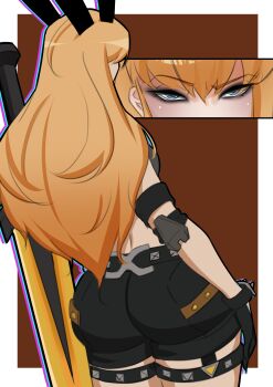 Rule 34 | 1girl, absurdres, arm at side, ass, belt, black eyeshadow, black gloves, black shorts, blonde hair, blue eyes, blue outline, border, brown background, clothing cutout, elbow pads, eyeshadow, from behind, glove cutout, gloves, hair between eyes, hayashidraws, headgear, highres, long hair, magik (x-men), makeup, marvel, marvel rivals, median furrow, outline, outside border, purple outline, shorts, single elbow pad, solo, studded belt, studded thigh strap, sword, thigh strap, weapon, white border