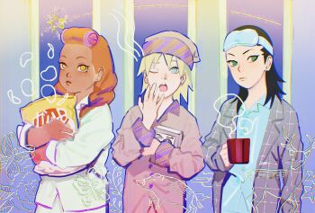 Rule 34 | 1girl, 2boys, akimichi chouchou, alternate hairstyle, bag, black hair, blonde hair, blue eyes, boar, book, boruto: naruto next generations, bug, butterfly, cup, dark-skinned female, dark skin, deer, earrings, frown, green eyes, green pajamas, hair down, hair rollers, headband, highres, holding, holding bag, holding book, holding cup, insect, jewelry, mask, mask on head, mug, multiple boys, nara shikadai, naruto (series), o hqfu, one eye closed, orange eyes, orange hair, pajamas, purple headband, sleep mask, stud earrings, yamanaka inojin, yawning
