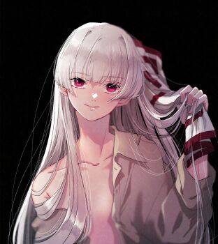 1girl bare_shoulders black_background blush bow fujiwara_no_mokou grey_hair hair_bow hair_ribbon highres long_hair long_sleeves mokoiscat open_clothes open_shirt red_eyes ribbon shirt simple_background smile smirk solo striped_ribbon touhou very_long_hair white_bow white_hair white_shirt