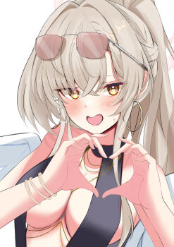 1girl absurdres bare_arms bare_shoulders black_one-piece_swimsuit blue_archive blush bracelet breasts brown-tinted_eyewear brown_hair casual_one-piece_swimsuit cleavage commentary crossed_bangs earrings eyewear_on_head feathered_wings four-finger_heart_hands hair_between_eyes halo halterneck hands_up heart heart_hands high_ponytail highres hoop_earrings jewelry large_breasts long_hair looking_at_viewer nagisa_(blue_archive) nagisa_(swimsuit)_(blue_archive) necklace nekka_(87398o9514) official_alternate_costume one-piece_swimsuit open_mouth pink_halo ponytail rimless_eyewear sidelocks simple_background solo sunglasses sweatdrop swimsuit tinted_eyewear upper_body white_background white_wings wings yellow_eyes