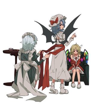 3girls apron back_cutout blonde_hair bow chemise closed_mouth clothing_cutout collarbone commentary_request dress flandre_scarlet full_body grey_hair hair_brush hat hat_bow highres holding holding_ribbon hua88331 izayoi_sakuya juliet_sleeves long_hair long_sleeves looking_back maid maid_headdress medium_hair mob_cap multiple_girls pointy_ears puffy_sleeves red_bow red_eyes remilia_scarlet ribbon round_table simple_background sitting slippers smile socks squeans standing swimsuit table touhou white_apron white_background white_chemise white_dress white_hat white_slippers white_socks