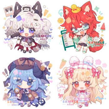 1boy 3girls :3 :d animal_ear_fluff animal_ears black-framed_eyewear black_shorts blonde_hair blue_eyes blue_hair blue_skirt blush_stickers brown_jacket brown_shoes bucket cape chibi chibi_only closed_mouth commentary commission double-parted_bangs dress fox_boy fox_ears fox_girl fox_tail full_body glasses gloves green_jacket green_shoes grey_hair hair_between_eyes hairband hand_up hashtag-only_commentary heterochromia highres holding holding_bucket holding_magnifying_glass holding_paint_roller jacket jellyfish long_hair long_sleeves looking_at_viewer magnifying_glass mirta multiple_girls object_on_head off_shoulder open_clothes open_jacket open_mouth original paint_roller pantyhose pleated_skirt purple_eyes red_cape red_eyes red_hair rubber_duck semi-rimless_eyewear shirt shoes short_hair short_sleeves shorts simple_background skirt smile socks standing tail twintails two_side_up under-rim_eyewear v white_background white_dress white_gloves white_hairband white_pantyhose white_shirt white_socks