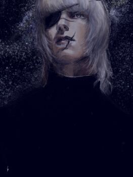 Rule 34 | 1boy, badeni, black shirt, blonde hair, blue eyes, chi.: chikyuu no undou ni tsuite, eyepatch, highres, k05062688, male focus, medium hair, night, outdoors, scar, scar on face, scar on lip, scar on mouth, scar on nose, shirt, sky, solo, star (sky), tonsure, upper body