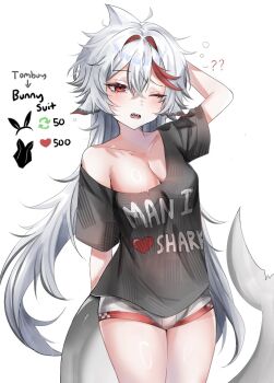1girl ? ?? animal_ears arm_behind_back arm_behind_head black_shirt breasts cleavage clothes_writing collarbone commentary cowboy_shot crossed_bangs double-parted_bangs english_commentary english_text fins fish_tail grey_shorts hair_between_eyes i_heart... indie_virtual_youtuber long_hair looking_at_viewer man_i_love_fishing_(meme) medium_breasts meme micro_shorts multicolored_hair one_eye_closed open_mouth red_eyes red_streaks shark_girl shark_tail sharkyyuna sharkyyuna_(vtuber) shirt short_sleeves shorts simple_background single_bare_shoulder solo squeans streaked_hair tail thighs twitter_strip_game virtual_youtuber white_background white_hair