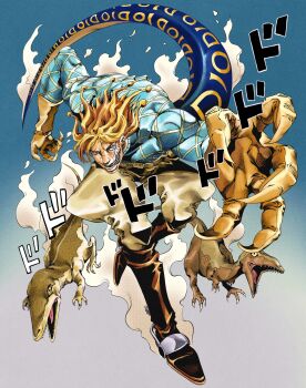 1boy 1other argyle_clothes argyle_sweater ark_nemesis blonde_hair blue_sweater boots brown_boots claws diego_brando dinosaur dinosaur_tail gloves highres jodhpurs no_headwear pants scary_monsters_(stand) spurs sweater tail yellow_gloves