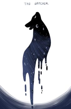 Rule 34 | character name, closed eyes, commentary, creature, crescent moon, double exposure, english commentary, english text, from side, greyscale, highres, looking up, melting, monochrome, moon, no humans, no mouth, rain world, rwdz, simple background, sky, slugcat, star (sky), starry sky, watcher (rain world), white background, white eyes