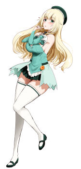 Rule 34 | 1girl, absurdres, adapted costume, alternate costume, atago (kancolle), beret, black skirt, blonde hair, blush, breasts, cosplay, detached sleeves, dress, floral mint uniform, full body, green dress, green eyes, green shirt, green skirt, hat, heart, highres, kantai collection, large breasts, long hair, looking at viewer, mary janes, minase (takaoka nanase), miniskirt, open mouth, pia carrot (series), pia carrot e youkoso!! 3, pleated skirt, shirt, shoes, simple background, skirt, solo, thighhighs, transparent background, white background, white thighhighs