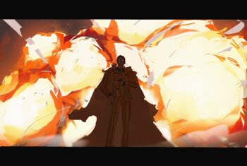 Rule 34 | 1boy, black hair, cestrafalgar, coat, coat on shoulders, commentary, explosion, explosion background, fire, formal clothes, kizaru (one piece), letterboxed, male focus, one piece, short hair, solo, suit, sunglasses, vertical-striped suit, white coat, yellow suit