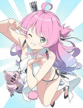 1girl ahoge bikini blue_hair commentary_request crown gradient_hair green_eyes grin highres himemori_luna hololive kanzaki_hiro long_hair looking_at_viewer luknight_(himemori_luna) multicolored_hair one_eye_closed pink_hair polka_dot polka_dot_background smile solo swimsuit v virtual_youtuber watermark