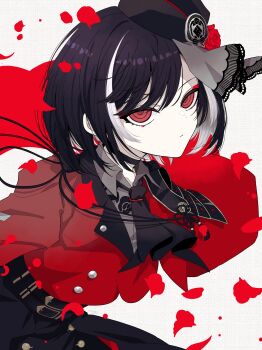 1boy absurdres armor belt black_belt black_hair black_necktie cropped_jacket expressionless eyeliner flower hat hat_flower highres jacket japanese_armor kote kyogoku_masamune looking_at_viewer makeup male_focus mini_hat multicolored_hair necktie petals red_eyeliner red_eyes red_flower red_jacket red_rose rose rose_petals seira_jablko short_hair simple_background solo touken_ranbu trap two-tone_hair upper_body white_background