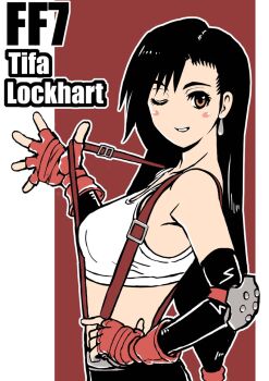 Rule 34 | 1990s (style), 1girl, bare shoulders, black hair, blush, breasts, elbow gloves, female focus, final fantasy, final fantasy vii, fingerless gloves, gloves, long hair, looking at viewer, midriff, miniskirt, one eye closed, red eyes, retro artstyle, skirt, small breasts, smile, solo, suspenders, tank top, tifa lockhart, wink, yamamune-z