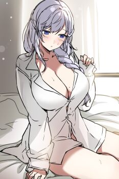 1girl absurdres averting_eyes blue_eyes blush braid braided_ponytail breasts cleavage collarbone collared_shirt commentary commission dot_nose dress_shirt eyebrows_hidden_by_hair feet_out_of_frame gijang grey_hair groin hand_up highres large_breasts lenhee_(kaito) long_hair morning morning_after naked_shirt on_bed original oversized_clothes oversized_shirt parted_lips partially_unbuttoned second-party_source shirt sleeves_past_wrists small_sweatdrop sweat thighs white_shirt wide_sleeves