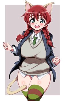 Rule 34 | 1girl, alternate costume, animal ears, black jacket, blue eyes, blush, breasts, brown sweater, cat ears, cat girl, cat tail, commentary, cosplay, emma verde, feet out of frame, freckles, green necktie, grey background, happy, highres, jacket, kin-san (sasuraiga), long hair, love live!, love live! nijigasaki high school idol club, lynette bishop, lynette bishop (cosplay), necktie, no pants, open mouth, panties, red hair, shirt, simple background, smile, standing, strike witches, striped clothes, striped thighhighs, sweater, sweater vest, symbol-only commentary, tail, teeth, thighhighs, underwear, upper teeth only, white panties, white shirt, world witches series