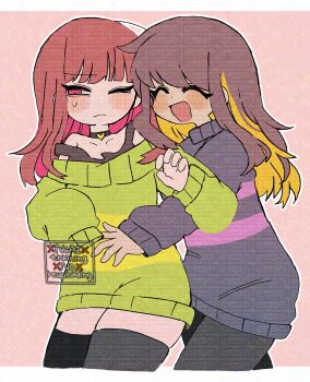 2girls black_choker blonde_hair blue_sweater blush border brown_hair chara_(undertale) choker frisk_(undertale) genderswap genderswap_(otf) green_sweater grey_leggings highres hug hug_from_behind leggings long_hair mr0x0 multicolored_hair multiple_girls off-shoulder_sweater off_shoulder open_mouth pink_background red_eyes red_hair simple_background smile striped_clothes striped_sweater sweatdrop sweater too_many_watermarks two-tone_hair two-tone_sweater undertale utdr_(toby_fox) watermark watermark_grid white_border yuri