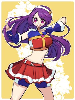 1girl asamiya_athena bike_shorts bike_shorts_under_skirt breasts dress female_focus gloves hairband huge_breasts large_breasts long_hair missandydandy pale_skin pants purple_eyes purple_hair skirt smile smiley_face the_king_of_fighters thick_thighs thighs tight_clothes tight_pants