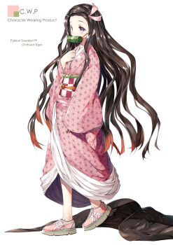 1girl bamboo bit_gag black_hair checkered_sash commentary_request english_text full_body gag hand_on_own_chest heel_up highres japanese_clothes kamado_nezuko kimetsu_no_yaiba kimono long_hair obi pink_kimono pink_shoes purple_eyes red_sash sash shimesaba_kohada shoes simple_background solo standing very_long_hair white_background