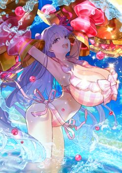 1girl :d arms_up ass beach bikini blue_sky breasts checkered_bikini checkered_clothes cleavage cowboy_shot day double_bun dutch_angle fate/grand_order fate_(series) floating_hair game_cg gigantic_breasts hair_bun hair_ribbon huge_breasts impossible_clothes long_hair long_sidelocks looking_at_viewer mechanical_arms navel official_art open_mouth passionlip_(fate) passionlip_(swimsuit_saber)_(first_ascension)_(fate) pink_bikini pink_eyes pink_ribbon purple_hair ribbon side-tie_bikini_bottom sidelocks single_sidelock sky smile solo sparkle splashing swimsuit third-party_source very_long_hair wada_arco wading water