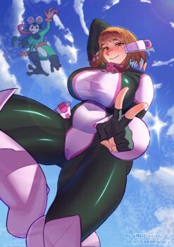 2girls asui_tsuyu blue_sky bodysuit boku_no_hero_academia breasts brown_eyes brown_hair cloud cloudy_sky commentary curvy flying green_bodysuit highres huge_breasts large_breasts long_hair multicolored_bodysuit multiple_girls pink_bodysuit short_hair sky superhero_costume uraraka_ochako wozreverse