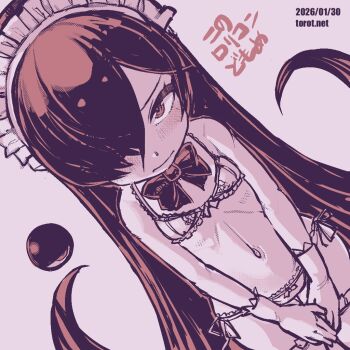 1girl alternate_costume backbeako_(torotei) backbeard blush bow bow_bra bow_panties bowtie bra breasts closed_mouth commentary cowboy_shot dated dated_commentary dutch_angle enmaided frilled_bra frilled_panties frills gegege_no_kitarou glaring gloves hair_down hair_over_one_eye kono_lolicon_domome light_frown loli long_hair looking_at_viewer maid maid_headdress monochrome one_eye_closed original own_hands_together paid_reward_available panties pink_background pink_theme pointy_ears side-tie_panties simple_background small_breasts solo thighhighs torotei translated underwear underwear_only very_long_hair watermark web_address