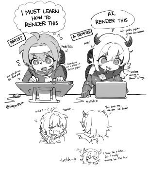 >_< 2girls absurdres ai-generated_art_(topic) anger_vein arrow_(symbol) bare_shoulders breasts chibi cleavage closed_eyes commentary computer computer_mouse drawing_tablet elbow_gloves english_commentary flying_sweatdrops gloves greyscale hair_between_eyes headband hepari highres holding holding_stylus horns laptop long_sleeves monochrome multiple_girls neckerchief open_mouth original pointing sailor_collar school_uniform serafuku sharp_teeth shirt short_hair simple_background stylus sweat talking teeth twitter_username upper_teeth_only v-shaped_eyebrows white_background