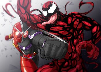 2boys absurdres arm_up armor battle black_armor black_background black_helmet blurry bodysuit carnage_(marvel) claws clenched_hands commentary compound_eyes cowboy_shot crossover depth_of_field doubledriver full_armor gaia_memory glass_shards gold_trim gradient_background helmet highres kamen_rider kamen_rider_double kamen_rider_double_(heatjoker) kamen_rider_w knee_up looking_at_another male_focus marvel monster_boy motion_lines multicolored_armor multicolored_helmet multiple_boys muscular muscular_male open_mouth outstretched_arm parasite pectorals punching purple_trim red_armor red_bodysuit red_eyes red_helmet rider_belt sharp_teeth shoulder_armor silver_trim spider-man_(series) symbiote takezuchi teeth tentacles tokusatsu toned toned_male tongue tongue_out two-tone_armor two-tone_background two-tone_helmet white_background