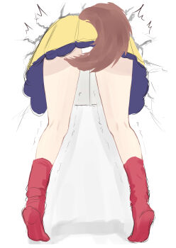 1girl absurdres crack cracked_wall dog_girl dog_tail from_behind highres hololive inugami_korone inugami_korone_(1st_costume) jacket lucien_000298 panties red_socks socks solo stuck tail through_wall underwear virtual_youtuber white_panties yellow_jacket