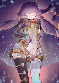 1girl absurdres android closed_eyes closed_mouth flat_chest galatea-i_the_orcust_automaton galatea_the_orcust_automaton gloves hand_on_leg highres ib_(yu-gi-oh!) long_hair machine purple_hair pussy ro_g_(oowack) robot rope see-through_body yu-gi-oh! yu-gi-oh!_duel_monsters