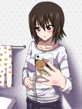1girl bandages bathroom blush boko_(girls_und_panzer) breasts brown_eyes brown_hair casual cellphone denim embarrassed eyes_visible_through_hair girls_und_panzer hair_between_eyes hand_blush hand_on_own_stomach holding holding_phone indoors jeans large_breasts long_sleeves nishizumi_maho open_mouth ouryoku_(o-ryoku) pants phone selfie shirt short_hair smartphone solo striped_clothes stuffed_animal stuffed_toy teddy_bear towel upper_body white_shirt