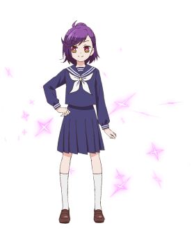 1girl acro_trip blue_serafuku blue_skirt date_chizuko hand_on_own_hip highres kneehighs light_smile loafers looking_at_viewer neckerchief non-web_source official_art purple_eyes purple_hair school_uniform serafuku shoes skirt socks sparkle transparent_background white_neckerchief