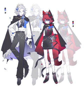 2boys absurdres ahoge alternate_costume animal_ears animal_hood aotsuki_eito asymmetrical_legwear belt belt_buckle belt_pouch black_belt black_cape black_gloves black_hair black_pants black_ribbon black_shoes black_shorts black_vest blue_eyes blue_flower blue_ribbon blue_rose brown_belt buckle cape closed_mouth color_guide cross-laced_clothes cross-laced_top expressionless feathered_wings flower fox_boy fox_ears fox_hood fox_tail frilled_sleeves frills full_body gloves grey_hair hair_between_eyes hair_flower hair_ornament hand_on_own_hip height_difference highres hood hood_up hooded_cape kemonomimi_mode long_sleeves male_focus monocle monocle_chain multicolored_hair multiple_boys pants pouch purple_eyes red_flower red_hair red_ribbon ribbon rose scar scar_on_leg semi-rimless_eyewear shirt shoe_belt shoes short_hair shorts socks streaked_hair sumino_takumi tail tail_ornament tail_ribbon the_hundred_line_-last_defense_academy- two-sided_cape two-sided_fabric two-tone_hair uneven_legwear vest white_background white_shirt white_socks wings yellow-framed_eyewear yizooo