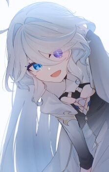 1girl absurdres blue_eyes blue_hair cowlick dress drop-shaped_pupils focalors_(genshin_impact) genshin_impact heterochromia highres long_hair mismatched_pupils multicolored_hair open_mouth owl_5151 purple_eyes simple_background smile solo streaked_hair symbol-shaped_pupils white_background