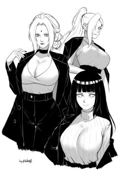 3girls absurdres artist_name black_coat breasts coat facial_mark helloodaf highres huge_breasts hyuuga_hinata large_breasts long_hair mature_female monochrome multiple_girls naruto_(series) ponytail signature tsunade_(naruto) twitter_username yamanaka_ino