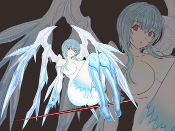Rule 34 | 1girl, absurdres, angel, angel (evangelion), angel chromosome xx, arael, arael-xx, ass, barefoot, blue hair, breasts, commentary request, completely nude, highres, huge ass, huge breasts, ice, ice wings, multiple wings, neon genesis evangelion, no nipples, no pussy, nude, open mouth, polearm, r53527, red eyes, short hair, solo, spear, weapon, wings