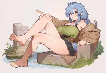 1girl absurdres bare_legs barefoot blue_eyes blue_hair breasts brown_robe closed_mouth commentary commission duel_monster eria_(yu-gi-oh!) eria_the_water_charmer feet foot_focus full_body green_shirt highres large_breasts long_hair looking_at_viewer outdoors pixiv_commission presenting_foot robe shirt sitting skirt smile soles solo symbol-only_commentary toes wepwawet yu-gi-oh!