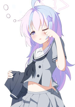 1girl absurdres ahoge alternate_hairstyle black_neckerchief blue_archive blue_hair blush commentary_request drooling grey_serafuku grey_shirt grey_skirt hair_down hair_ornament halo hand_on_own_face hand_up highres jacket long_hair midriff mouth_drool multicolored_hair navel neckerchief one_eye_closed panties pink_hair pink_halo purple_eyes reisa_(blue_archive) sailor_collar school_uniform serafuku shirt simple_background skirt sleepy solo squeans star_(symbol) star_hair_ornament star_halo two-tone_hair underwear unworn_jacket white_background white_sailor_collar zundamochi_(sera)