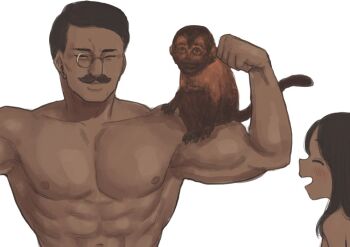 1boy 1girl abs age_difference bare_shoulders blush closed_eyes dark_skin facial_hair monkey monocle muscular mustache omodaka_(nitera1041) open_mouth original simple_background white_background