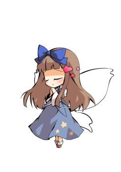 1girl blue_ribbon blue_skirt blue_vest blunt_bangs blush brown_hair brown_shoes chibi chibi_only commentary_request commission dairi full_body hair_ribbon large_variant_set long_hair neck_ribbon own_hands_together ribbon shoes skeb_commission skirt skirt_set socks solo star_sapphire tachi-e touhou transparent_background variant_set very_long_hair vest white_socks wide_sleeves