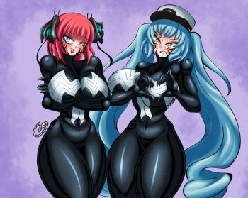 2girls absurdres animal_print black_ribbon blue_eyes blue_hair blush breasts bug butterfly_hair_ornament claws commentary commission english_commentary ghostichino go-toubun_no_hanayome goddess_of_victory:_nikke hair_ornament heart heart_hands highres large_breasts living_clothes looking_at_viewer marvel multiple_girls nakano_nino pink_hair privaty_(nikke) ribbon she-venom spider-man_(series) spider_print symbiote tongue tongue_out twintails venom_(marvel) wide_hips