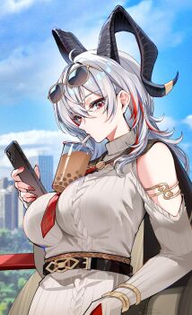 1girl belt black_horns breasts bubble_tea clothing_cutout cloud commentary cup curled_horns disposable_cup dress drinking drinking_straw eyewear_on_head foxyreine grey_dress highres holding holding_phone horns jacket jacket_on_shoulders large_breasts leaning_back long_hair looking_to_the_side multicolored_hair necktie official_alternate_costume outdoors phone railing red_eyes red_nails red_necktie shoulder_cutout sky solo streaked_hair sunglasses sweater sweater_dress turtleneck turtleneck_dress white_hair wuthering_waves zani_(downtown_repose)_(wuthering_waves) zani_(wuthering_waves)