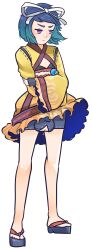 1boy absurdres atsueco124 blue_hair crossdressing crossdressing_(mtf) crossed_arms geta hair_ornament highres japanese_clothes kikunomon_tsubomi large_testicles original penis purple_eyes revealing_clothes sandals shorts skirt small_penis testicle_peek testicles transparent_background trap