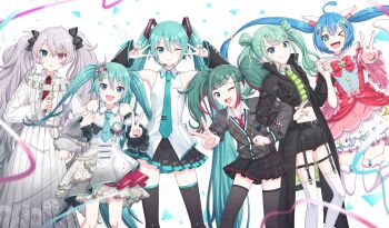 Rule 34 | > o, 25-ji miku, 6+girls, ahoge, alternate costume, animal ear fluff, animal ears, aqua eyes, aqua hair, aqua nails, aqua trim, arm tattoo, arms up, balloon, black jacket, black skirt, blush, boots, breasts, cat ears, closed eyes, closed mouth, collarbone, collared shirt, commentary, commentary request, detached sleeves, dress, green eyes, green hair, grey hair, hair between eyes, hair ornament, hatsune miku, heterochromia, highres, itogari, jacket, leo/need miku, long hair, long sleeves, looking at viewer, medium breasts, more more jump! miku, multicolored hair, multiple girls, multiple persona, navel, number tattoo, one eye closed, open mouth, pantyhose, pink eyes, pink hair, pleated skirt, project sekai, shirt, skirt, sleeveless, sleeveless dress, smile, star (symbol), star hair ornament, stomach, tattoo, twintails, v, very long hair, vivid bad squad miku, vocaloid, white boots, white dress, white shirt, wide sleeves, wonderlands x showtime miku
