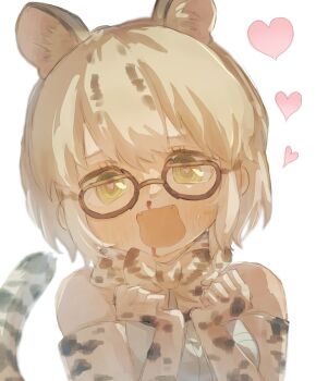 1girl animal_ears bare_shoulders blonde_hair blood blush bow bowtie cat_ears cat_girl cat_tail extra_ears fangs glasses gloves green_eyes hair_between_eyes heart heart-shaped_pupils highres kemono_friends looking_at_viewer margay_(kemono_friends) margay_print multicolored_hair nosebleed open_mouth print_bow print_bowtie print_gloves seki_mhsk shirt short_hair sidelocks sleeveless solo sweatdrop symbol-shaped_pupils tail upper_body white_shirt