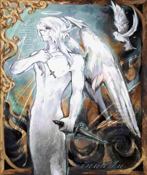 Rule 34 | 1boy, angel, angel wings, animal, arm up, bird, border, closed mouth, collarbone, cross, cross necklace, crying, crying with eyes open, dagger, dove, frown, halo, hashtag-only commentary, head wings, highres, holding, holding dagger, holding knife, holding weapon, honkai: star rail, honkai (series), inu11u, jewelry, knife, long hair, male focus, navel, necklace, nude, pectorals, solo, standing, sunday (honkai: star rail), tears, twitter username, weapon, white hair, wings
